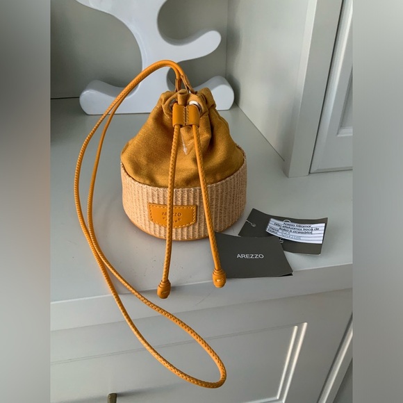 AREZZO GIORNO Brazil Drawstring Raffia Crossbody Bucket Purse Leather BRAND NEW - Picture 10 of 16